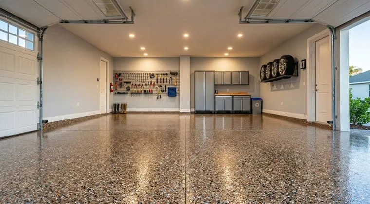 Clean decorative flake epoxy garage floor in a Lee County home