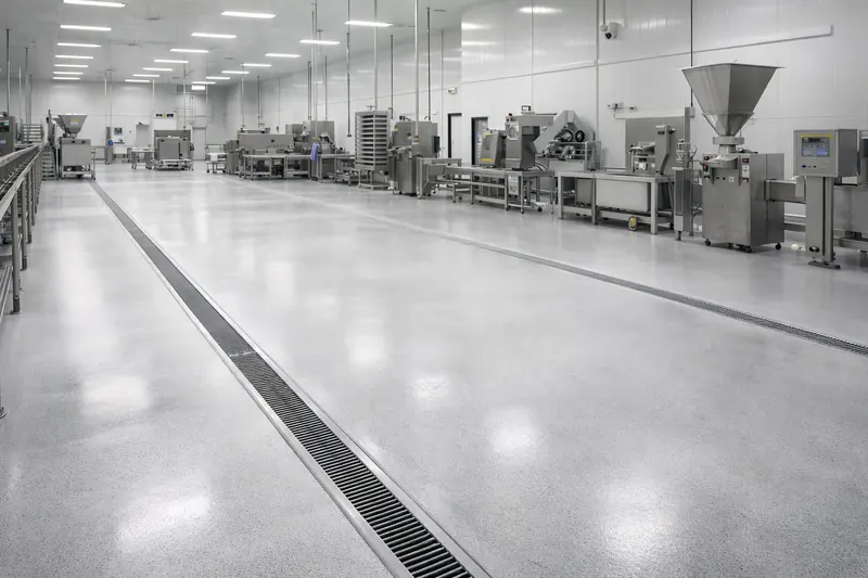 Food processing plant floor with drainage channel Lee County