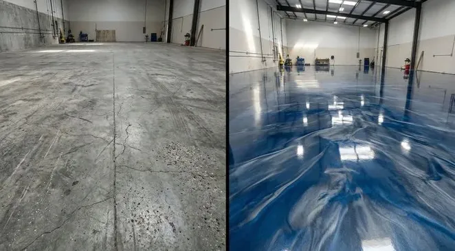 Great room blue-gray metallic epoxy floor Lee County