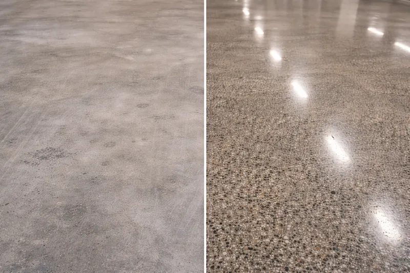 Polished concrete before and after — raw concrete vs high-gloss finish Lee County