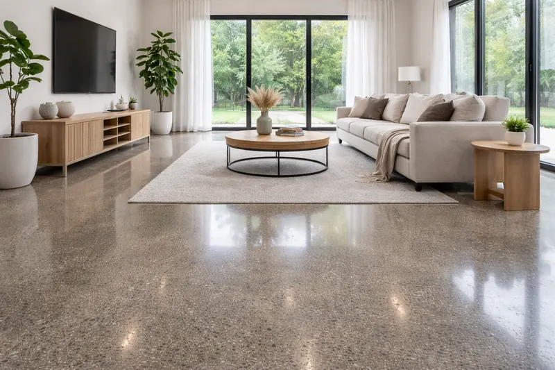Polished concrete residential living room floor Lee County