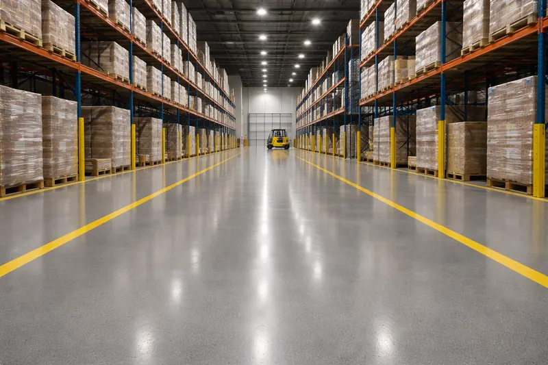 Warehouse epoxy floor with yellow safety line markings Lee County